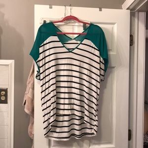 Black and white stripped vneck with green accents